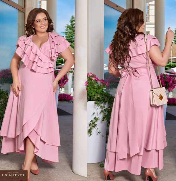Купити рожеве жіноче бавовняне плаття в підлогу з рюшами (розмір 48-66) недорого