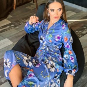 Купить голубое женское цветочное платье на запах с длинным рукавом в Украине