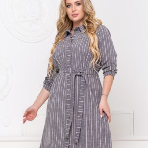 Купити сіре жіноче смугасте плаття-сорочка з стрейч льону (розмір 50-56) за низькими цінами