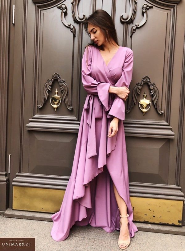 Купить лиловое женское длинное платье на запах с рукавами-колокольчиками в Харькове