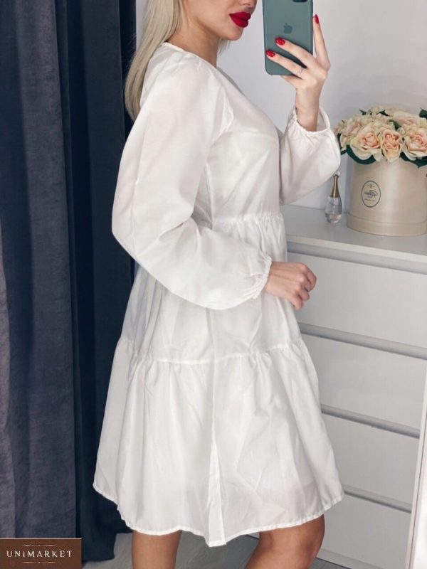 Приобрести белое женское хлопковое платье с воланами с длинным рукавом онлайн