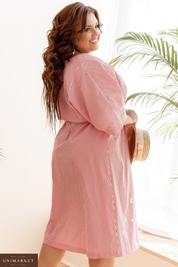 Замовити рожеве жіноче бавовняне плаття в вертикальну смужку з широкими рукавами (розмір 42-58) онлайн