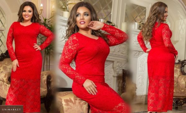 Заказать красное женское вечернее кружевное платье макси с подкладкой (размер 48-54) в интернете
