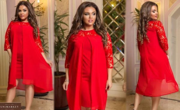Заказать красное женское платье с кружевным верхом и шифоном (размер 48-54) в интернете