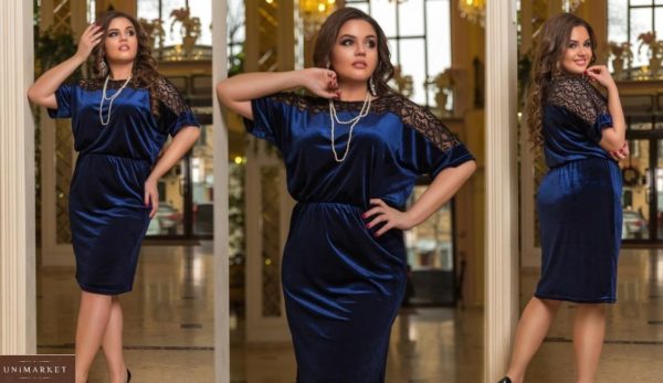 Замовити синю жіночу велюрову сукню зі вставкою з гіпюру (розмір 48-54) по знижці