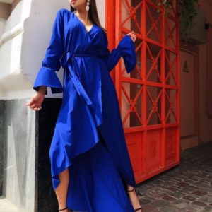 Купить синее женское длинное платье на запах с рукавами-колокольчиками в Одессе