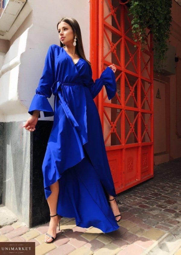Купить синее женское длинное платье на запах с рукавами-колокольчиками в Одессе
