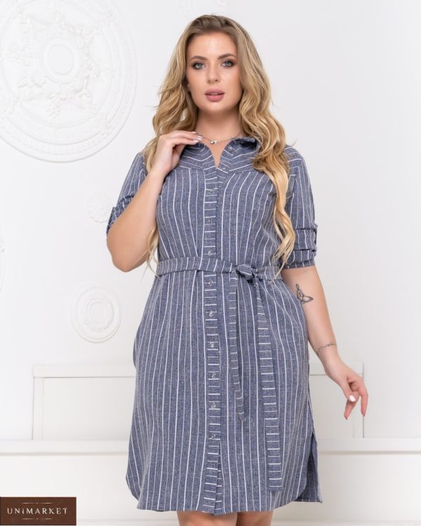 Заказать голубое женское полосатое платье-рубашка из стрейч льна (размер 50-56) по скидке