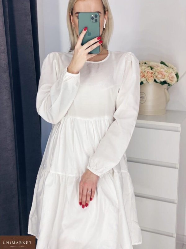 Купить белое женское хлопковое платье с воланами с длинным рукавом дешево