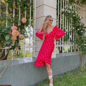 Купити рожеве жіноче плаття міді в горох з об'ємними рукавами (розмір 42-52) хорошої якості
