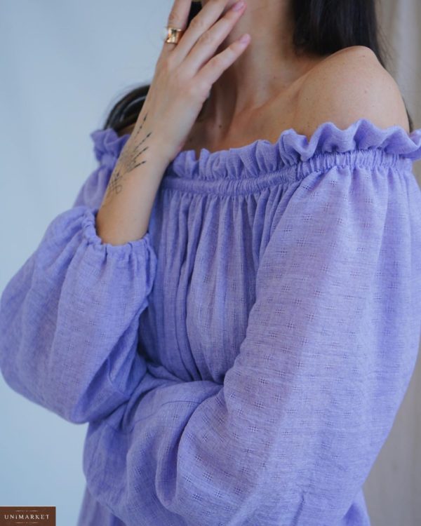 Приобрести лиловый женское хлопковое платье миди с открытыми плечами и длинным рукавом онлайн