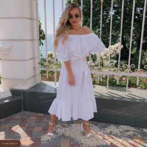 Придбати жіночу довгу білу літню сукню з відкритими плечима (розмір 42-52) онлайн