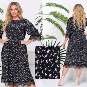 Замовити чорне жіноче плаття міді з мереживом в дрібний квітковий принт (розмір 48-58) за низькими цінами