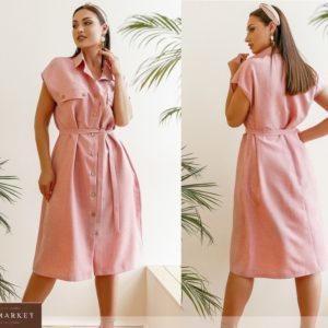 Придбати рожеве жіноче лляне плаття на ґудзиках з поясом (розмір 42-58) по знижці