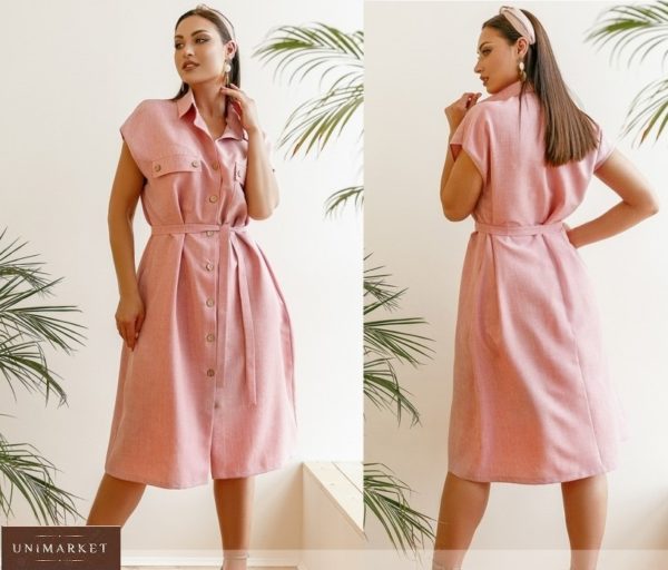 Приобрести розовое женское льняное платье на пуговицах с поясом (размер 42-58) по скидке