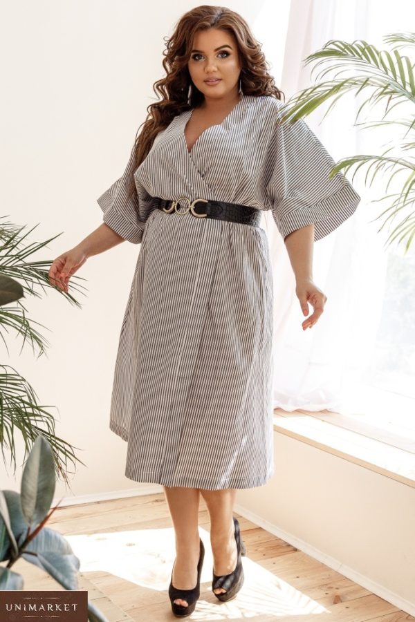 Купити сіре жіноче бавовняне плаття в вертикальну смужку з широкими рукавами (розмір 42-58) онлайн