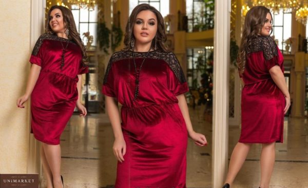 Приобрести бордо женское велюровое платье со вставкой из гипюра (размер 48-54) в Украине