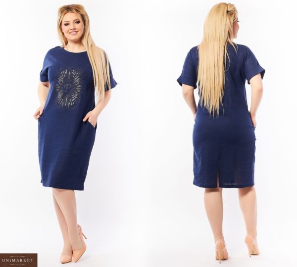 Заказать синий женское льняное платье с карманами украшенное стразами (размер 50-64) выгодно