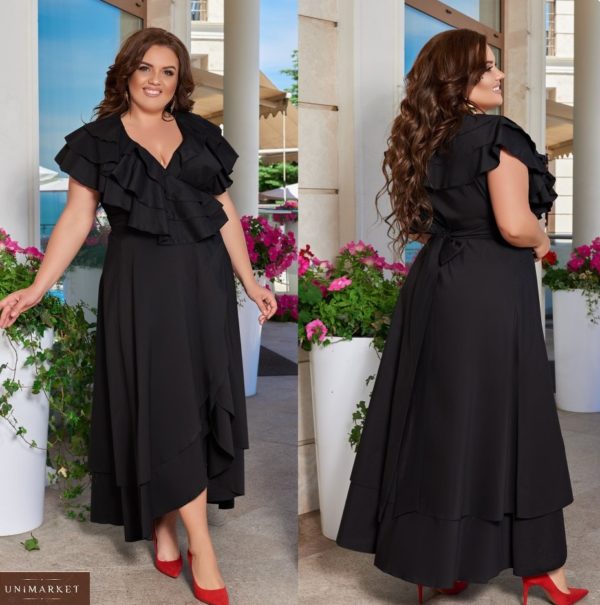 Придбати чорне жіноче бавовняне плаття в підлогу з рюшами (розмір 48-66) по знижці