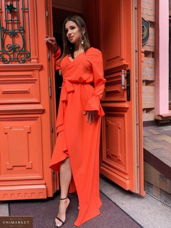 Заказать оранжевое женское длинное платье на запах с рукавами-колокольчиками в Днепре