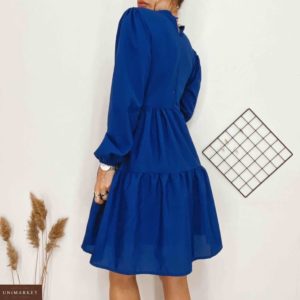 Приобрести синее женское хлопковое платье с воланами с длинным рукавом хорошего качества