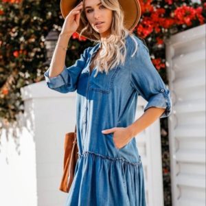 Купить синее женское летнее джинсовое платье-рубашка свободного кроя (размер 42-48) онлайн