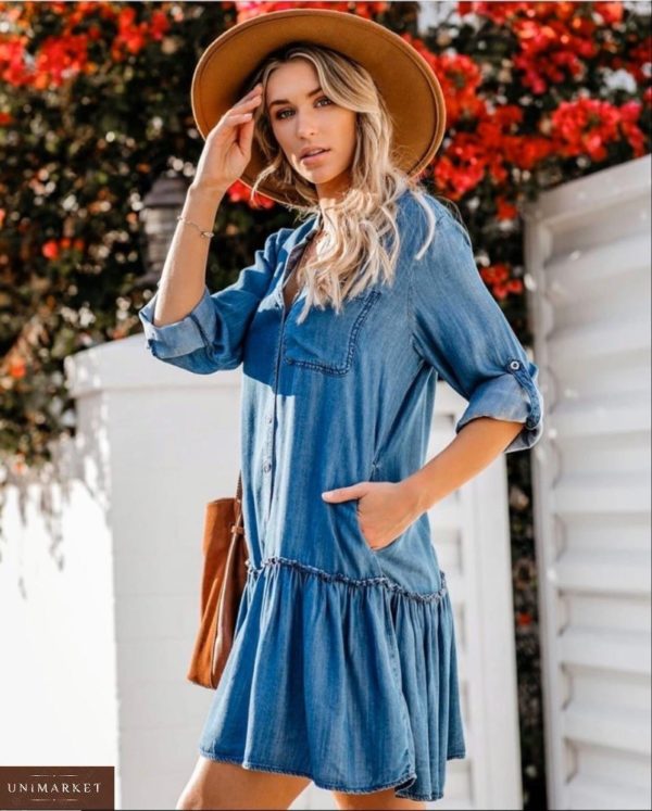 Купить синее женское летнее джинсовое платье-рубашка свободного кроя (размер 42-48) онлайн