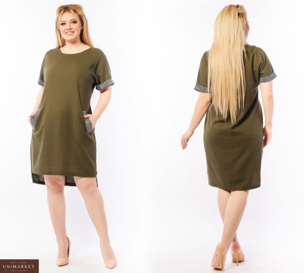 Заказать хаки женское платье из льна со стразами (размер 50-64) в интернете