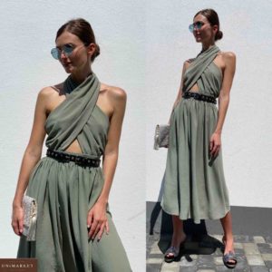 Купити оливка жіноче плаття-трансформер з поясом довжини міді за низькими цінами