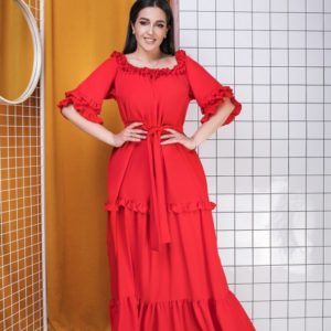 Заказать красное женское платье макси с открытыми плечами и рюшами (размер 50-64) в Украине