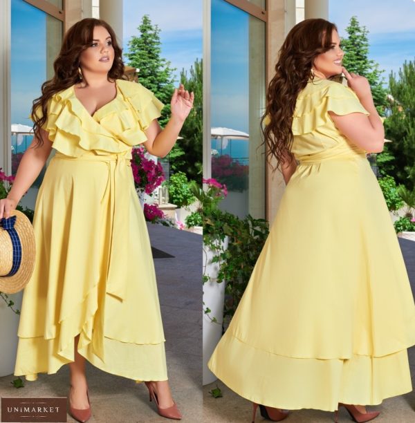Купити жовте жіноче бавовняне плаття в підлогу з рюшами (розмір 48-66) вигідно