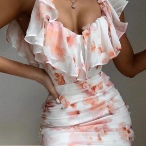 Купити біле жіноче ніжне прінтоване плаття міні з відкритими плечима (розмір 42-48) в інтернеті