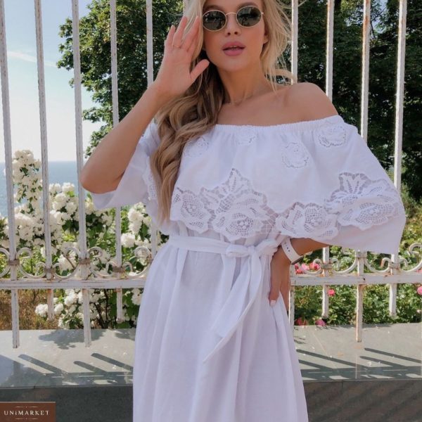 Купить женское длинное белое летнее платье с открытыми плечами (размер 42-52) в интернете