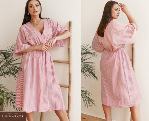Придбати рожеве жіноче бавовняне плаття в вертикальну смужку з широкими рукавами (розмір 42-58) недорого