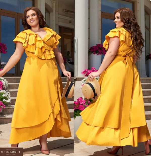 Замовити гірчичне жіноче бавовняне плаття в підлогу з рюшами (розмір 48-66) в Україні