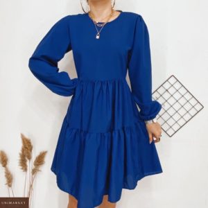 Заказать синее женское хлопковое платье с воланами с длинным рукавом в интернете