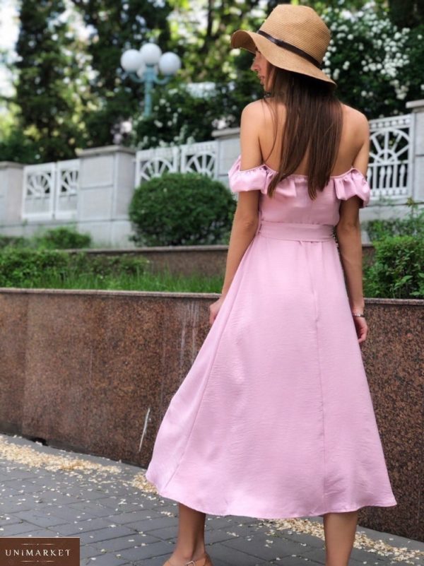 Купити рожеву жіночу лляну сукню міді з рюшами і кишенями дешево