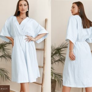 Купити блакитне жіноче бавовняне плаття в вертикальну смужку з широкими рукавами (розмір 42-58) в інтернет-магазині