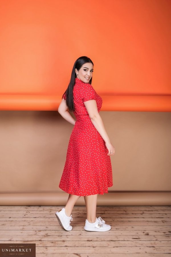Придбати червоне жіноче плаття-сорочка довжини міді з кишенями (розмір 50-64) вигідно