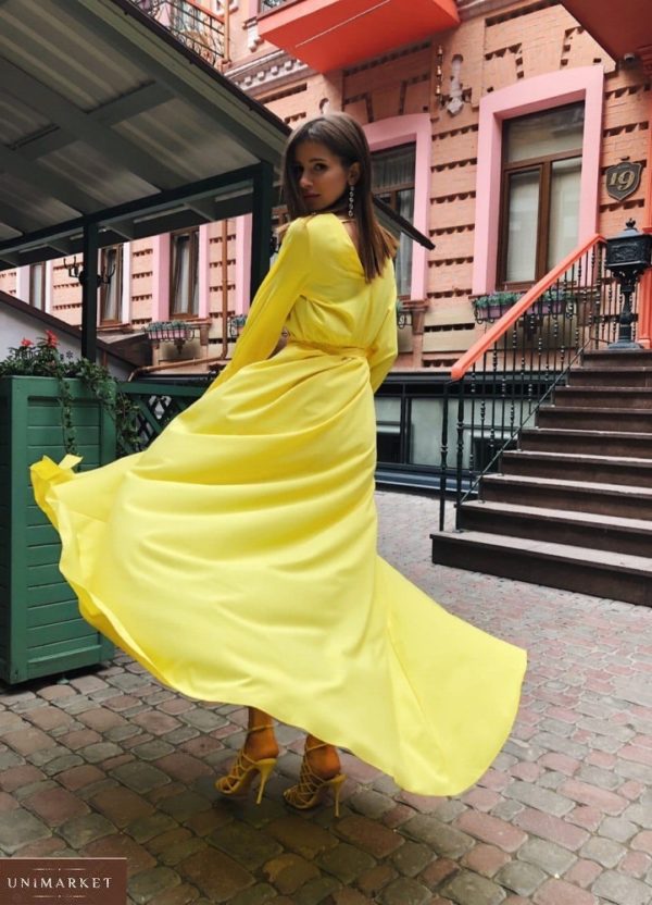 Замовити жовте жіноче довге плаття на запах з рукавами-дзвіночками в Україні
