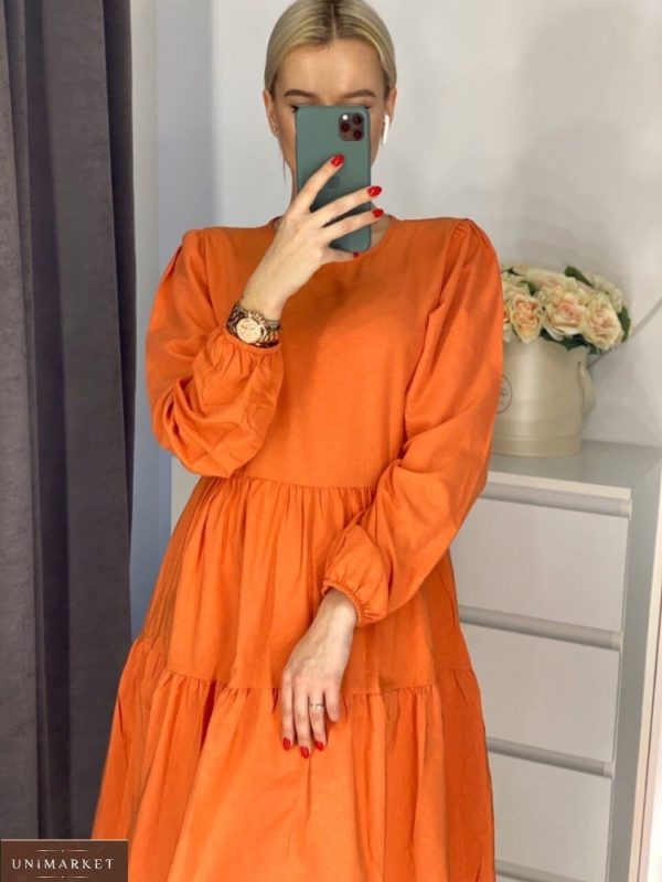 Купить оранж женское хлопковое платье с воланами с длинным рукавом в Украине