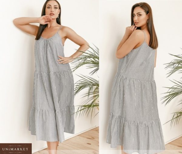 Купить серый женский летний сарафан на тонких бретельках в вертикальную полоску (размер 42-58) онлайн