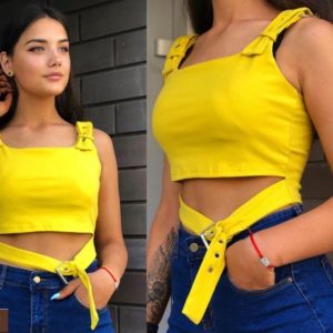 Замовити жовтий жіночий трикотажний топ з ремінцями онлайн
