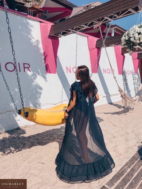 Купити чорну жіночу шифонову пляжну туніку в підлогу з рюшами дешево