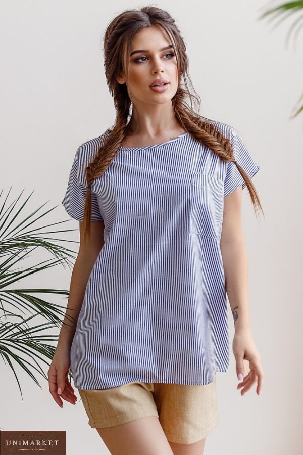 Купити смугасту жіночу літню однотонну футболку з штапеля з кишенею (розмір 42-58) по знижці