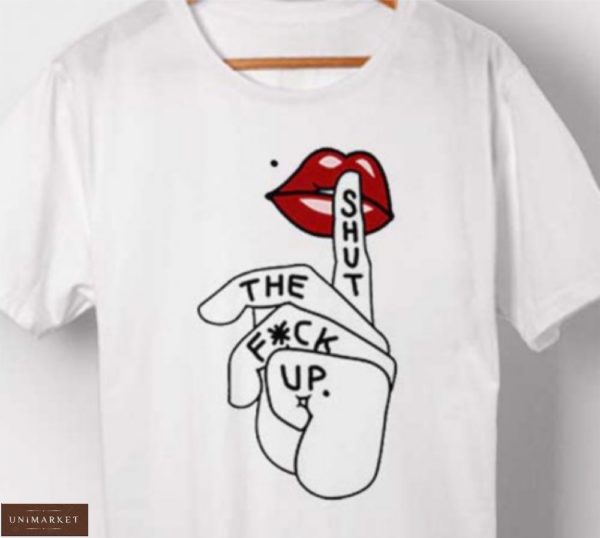 Замовити жіночу білу футболку з принтом з червоними губами онлайн