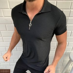Приобрети черную мужскую футболку поло из хлопка на змейке (размер 48-54) недорого