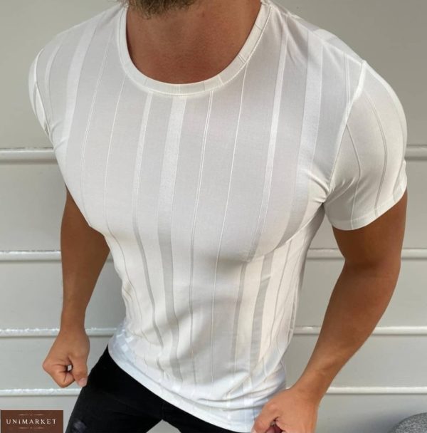 Придбати білу чоловічу футболку з вертикальними глянцевими смужками (розмір 48-54) недорого