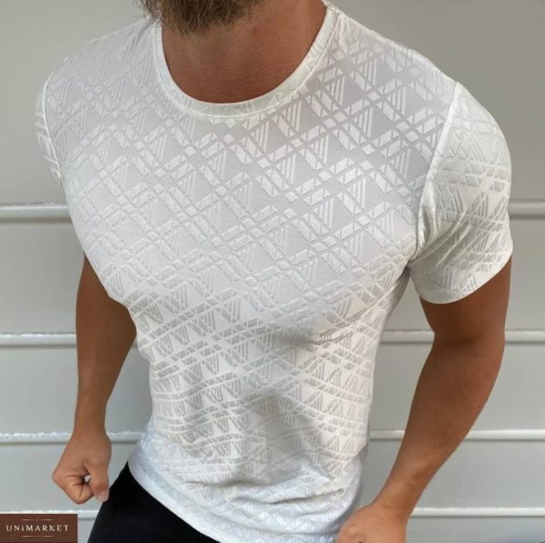 Придбати білу чоловічу структурну футболку з глянцевим принтом (розмір 48-54) недорого