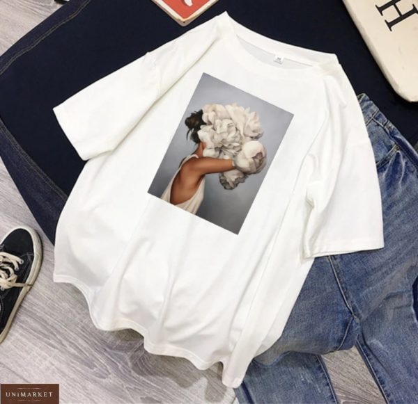 Придбати білу, чорну жіночу стильну футболку з квітковим принтом онлайн